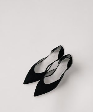 a pair of black shoes sitting on top of a white surface